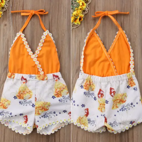 Cartoon Princess Rompers Halter Summer Baby Girl V Neck Sleeveless Backless Floral Jumpsuit Sunsuit Toddler One-Piece Clothes | Детская