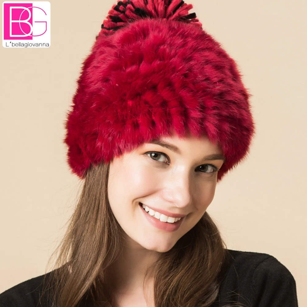 Winter Rabbit Fur Beanies Headgear For Women With  Luxury Ball Flower Cap Women's Customized Hat Beanie