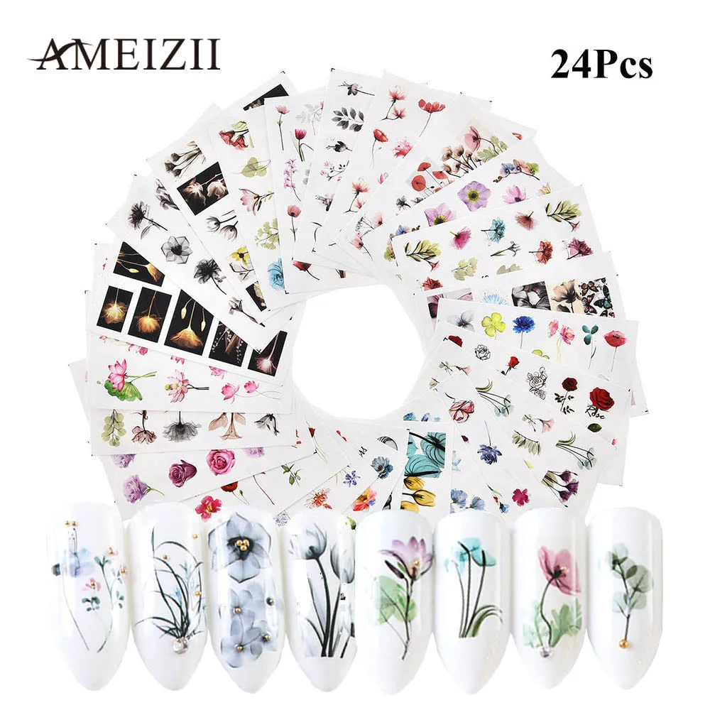 AMEIZII 15/20/24 шт Нейл-арт Стикеры s акварель цветок олень Фламинго водяные наклейки для ногтей передачи слайдер Стикеры DIY украшения