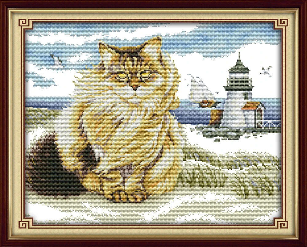 

Fat cats and the lighthous cross stitch kit animal 18ct 14ct 11ct count print canvas stitches embroidery DIY handmade needlework