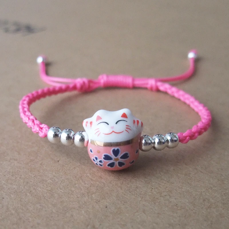 Милый счастливый кот браслет с керамическими бусинами 925 пробы Серебряный Красный веревочный браслет ручной работы модные ювелирные изделия