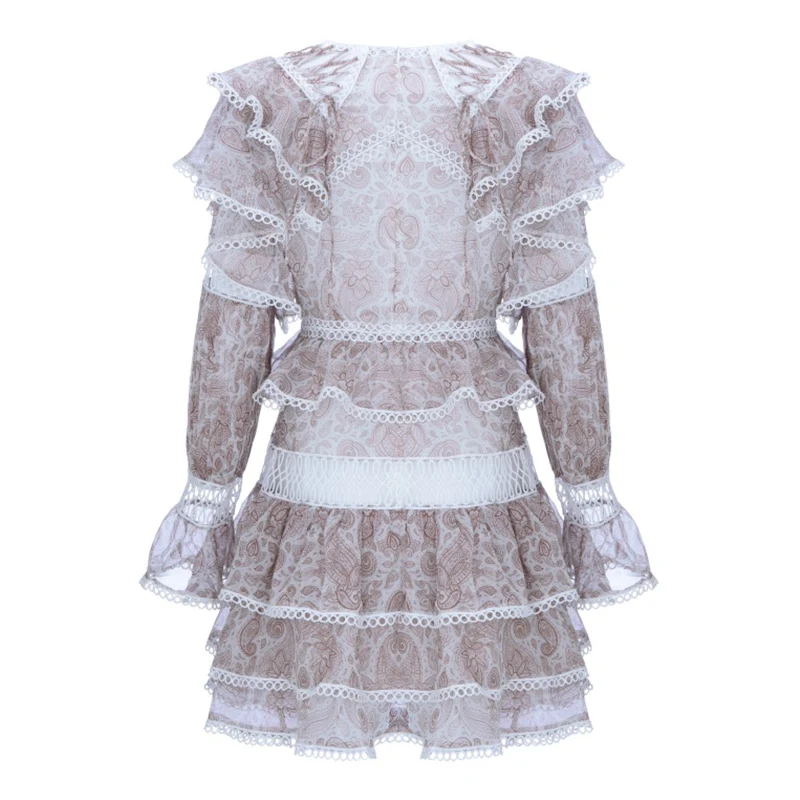 

Beateen 2019 New Women Ruffle Frilled Long Flare Sleeves Lace A-line Crochet Sweet Lace Up Floral Print Lovely Mini Dress