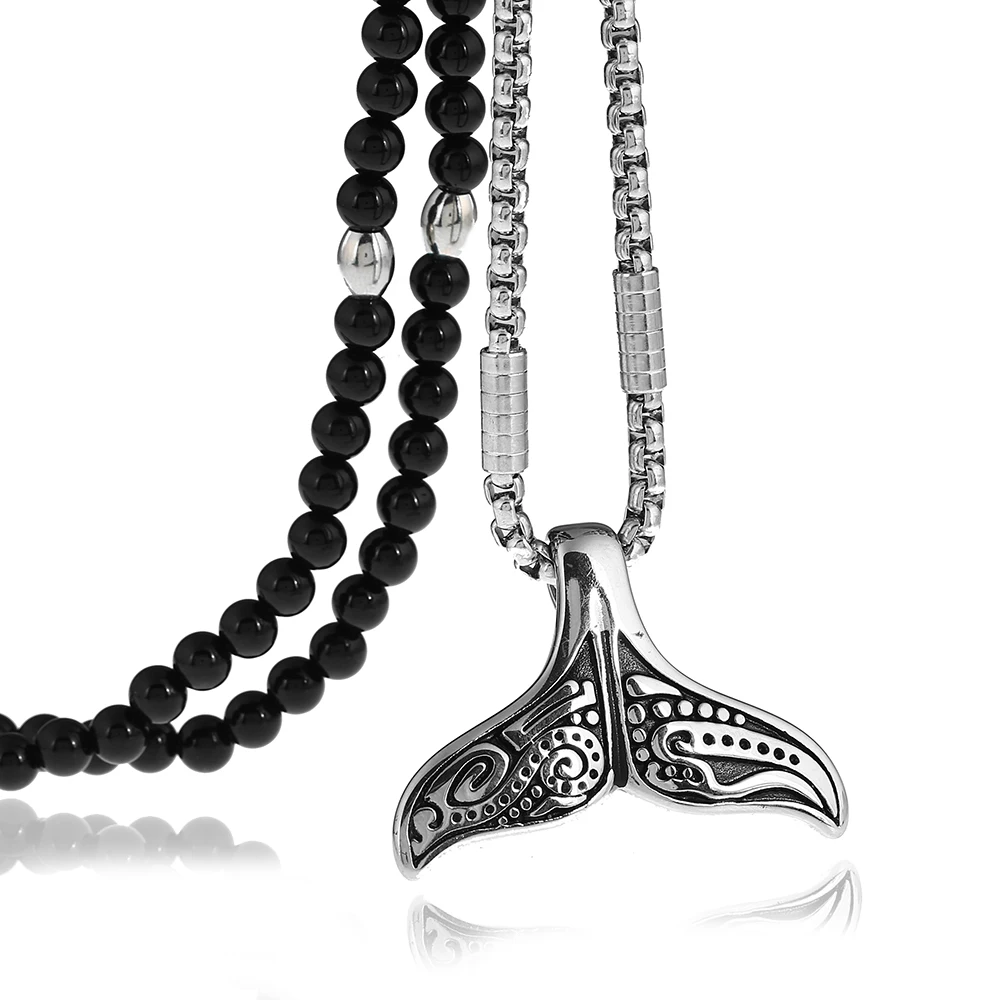 Нержавеющая сталь 3D Русалка Подвеска рыбий хвост ожерелье с черным натуральным