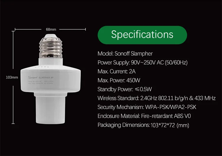 Sonoff Slampher RF 433 МГц беспроводной контрольный светильник, держатель E27, Универсальный WiFi светильник, лампочка, держатель для умного дома, IOS, Android, переключатель