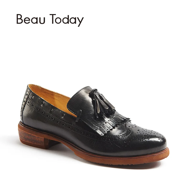 BeauToday/Модные женские лоферы с бахромой; сезон весна-осень; слипоны с круглым носком; женская обувь из натуральной коровьей кожи с бахромой; 21035