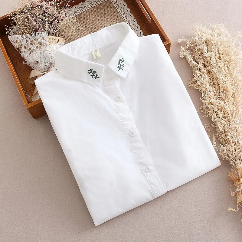 Dioufond осень Для женщин с длинным рукавом Вышивка блузка женские офисные