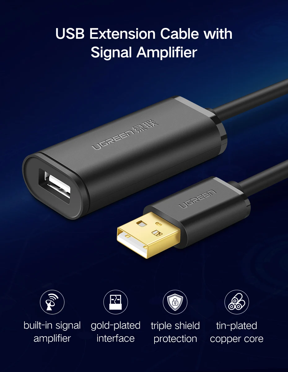Ugreen USB кабель-удлинитель 5 м/10 м/20 м/30 м Штекерный к женскому USB 3,0 усилитель кабельного сигнала USB3.0 2,0 удлинитель шнура USB удлинитель