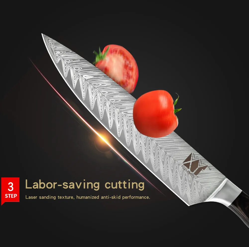 XYj 7cr17 нож из нержавеющей стали резак для замороженного мяса изгиб ручки 8 дюймов шеф-повара Дамасские жилы кухонный нож устройство резки овощей