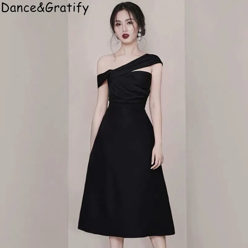 Женское Короткое мини-платье на одно плечо Элегантное Черное вечернее платье