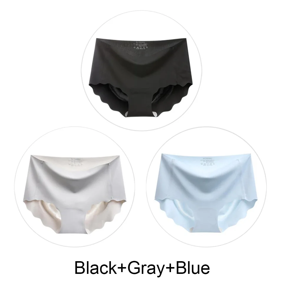 Black-Gray-Bleu 3 шт. бесшовные трусы, нижнее белье для женщин, сексуальные трусики, одноцветные мягкие трусики для женщин, предотвращающие прилипание к прямой области, Lce шелковые трусики - Цвет: Black-Gray-Bleu