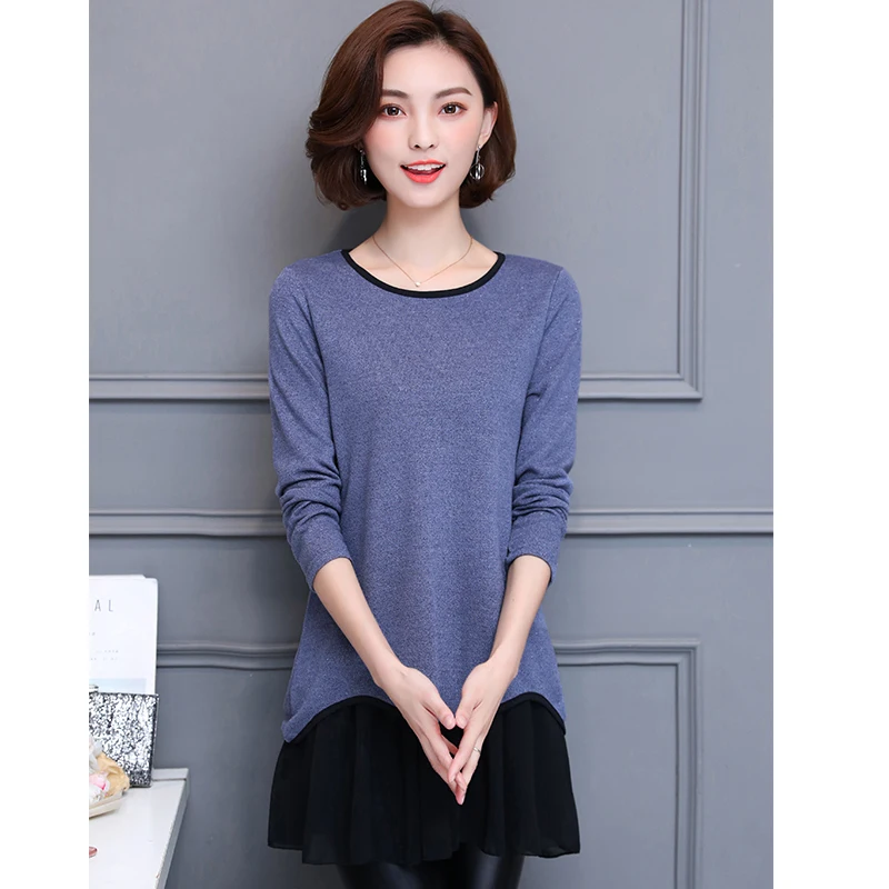 Синий Blusas Mujer De Moda кимоно винтажные Лоскутные Женские топы и блузки винтажные женские туники с круглым вырезом Длинные рубашки размера плюс 5XL - Цвет: Синий
