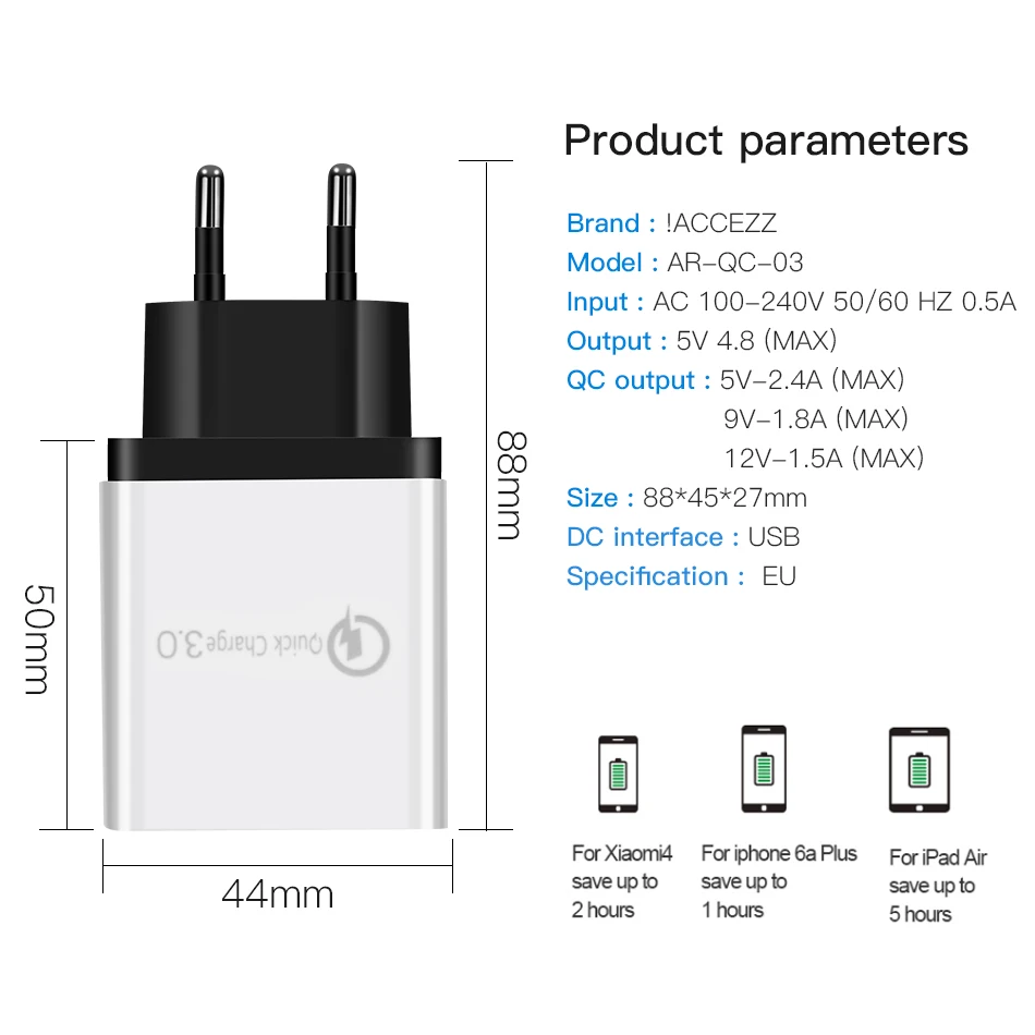 ! ACCEZZ Quick Charge 3 0 18 Вт USB зарядное устройство для Samsung S8 S9 Huawei P30 Xiaomi iphone 8 X EU Plug адаптер
