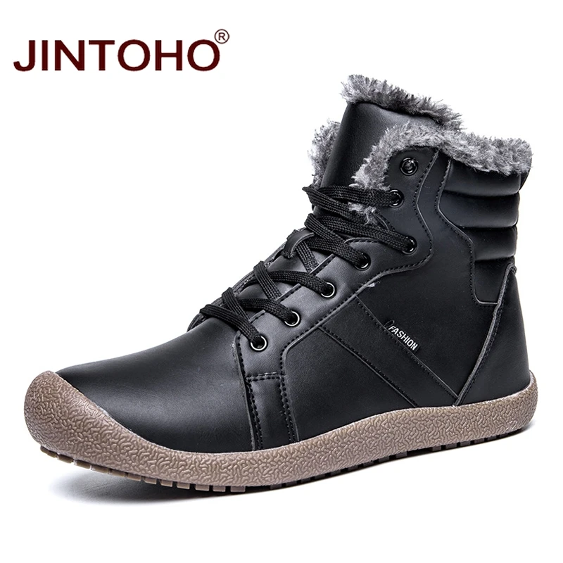 JINTOHO/Новая зимняя мужская обувь зимние ботинки больших размеров Синие ботильоны на шнуровке теплая зимняя обувь мужские кожаные ботинки мужские ботинки - Цвет: black