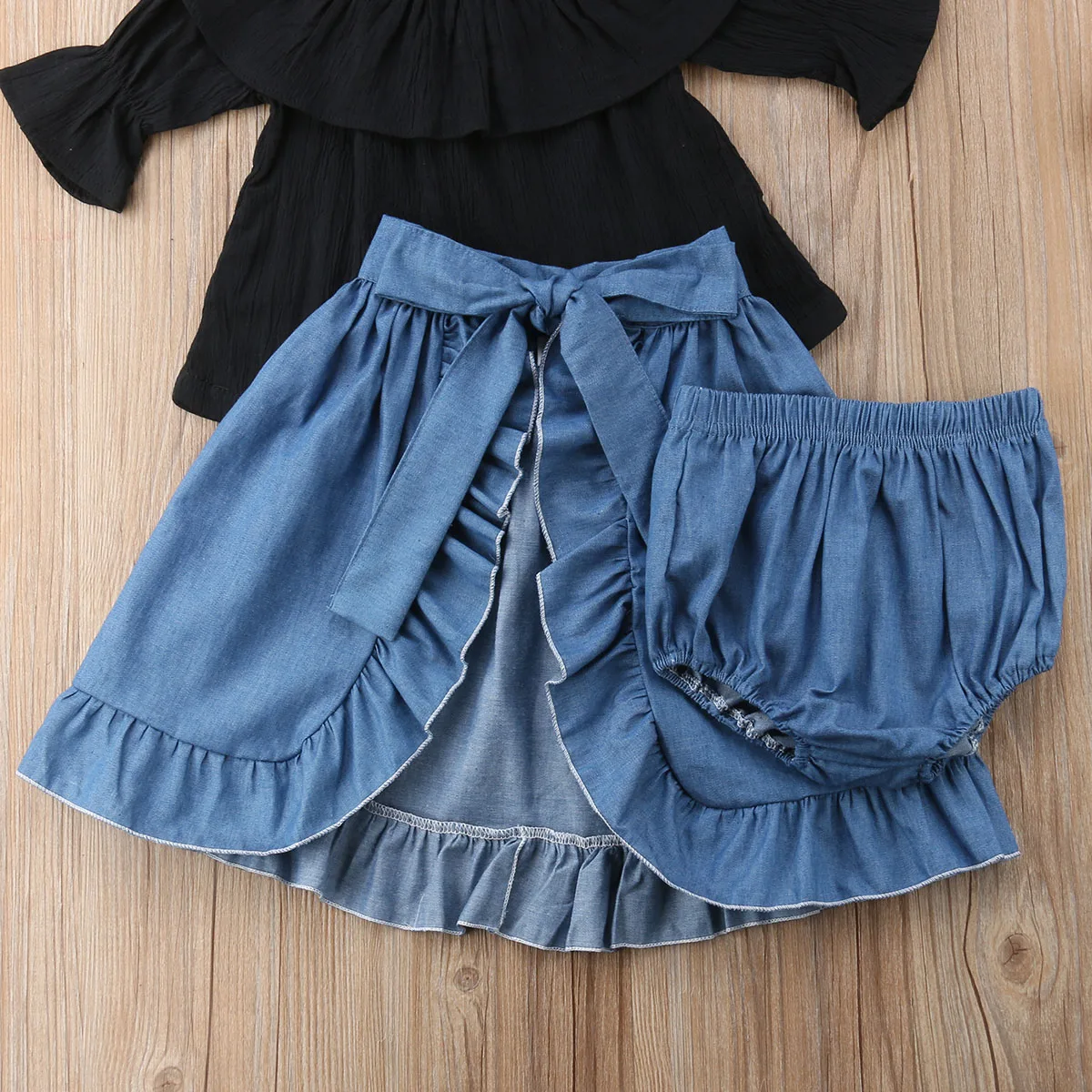 2018 Sweet 3Pcs Kids Baby Girl Black Off Shoulder Tops T-shirt +Ruffles Shorts Skirt Clothes Outfits 1-6Y | Детская одежда и обувь