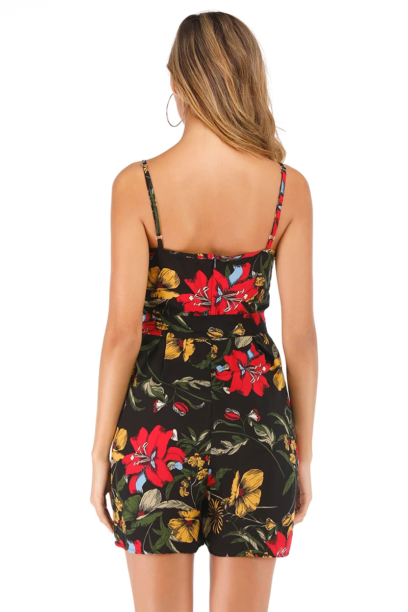 

Bohemian Summer Beach Wear Cotton Women Romper Backless Floral Printed Jumpsuit With Belt Loose Shivering Tops & Shorts Sexy