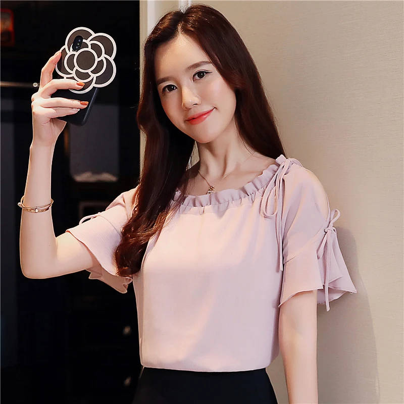 Новинка милые женские рубашки оборки короткие рукава шифон феи платье на плечо
