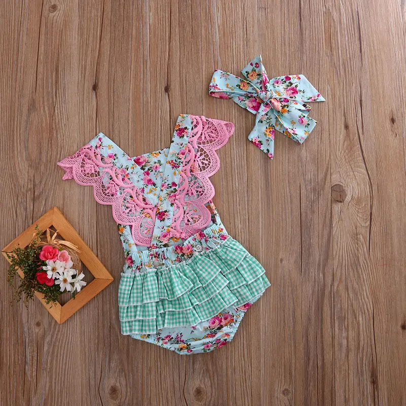 2 шт./компл. для новорожденных и маленьких девочек цветочный кружевной комбинезон