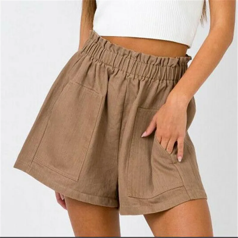 Шорты женские с завышенной талией эластичные однотонные свободные короткие