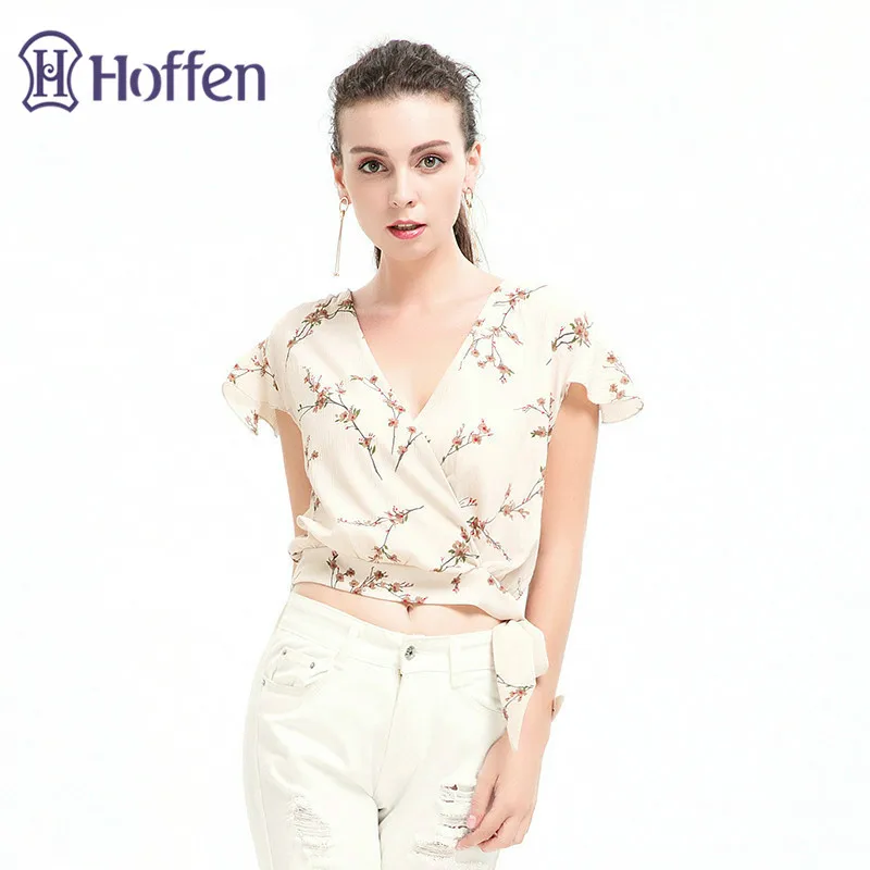 Hoffen Sexy Womens V-neck Chiffon Blouse with Bow Butterfly Sleeve Floral Print Cropped Blouses Shirts Summer Casual Tops Blusas | Женская