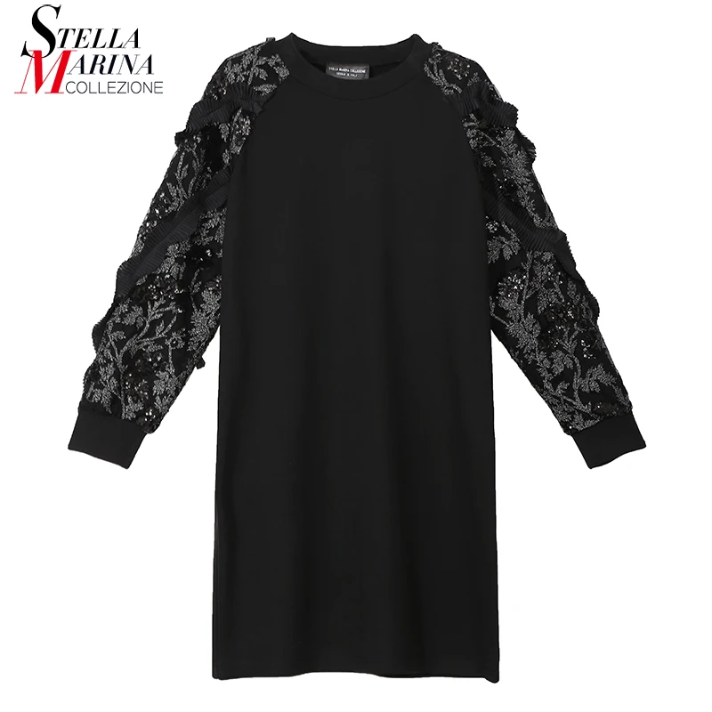 New 2018 Autumn Winter Women Clothing Black Straight Dress Full Sleeve With Appliques Female Stylish Streetwear Midi 3712 | Женская