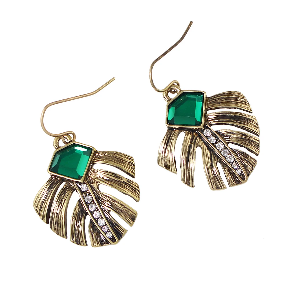 Vintage Female Earrings Costume Jewelry Anqitue Gold Color with Green Stone and Rhinestone Feather Shape Dangle Brincos|dangle earrings|earrings