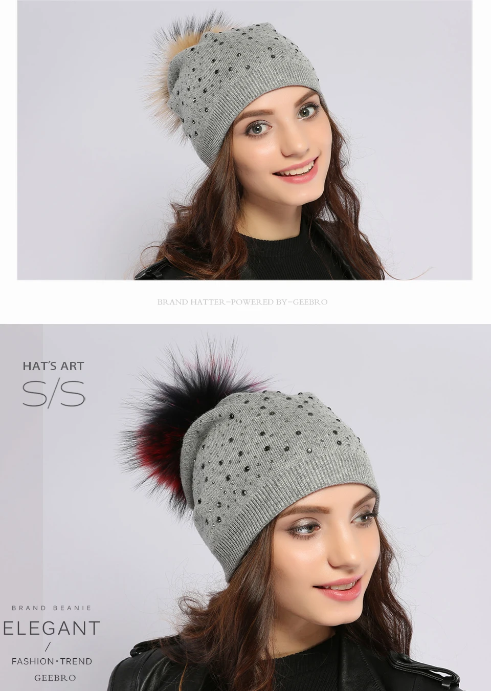 Geebro Для женщин помпонами Шапки зима теплая Вязание енота Мех животных Pom Beanie шапка для Для женщин Натуральный мех помпоном Skullies шапочки dq039