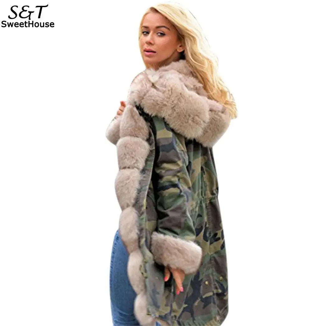 Зимняя куртка для женщин камуфляжная Abrigos Mujer Invierno 2018 большой меховой воротник