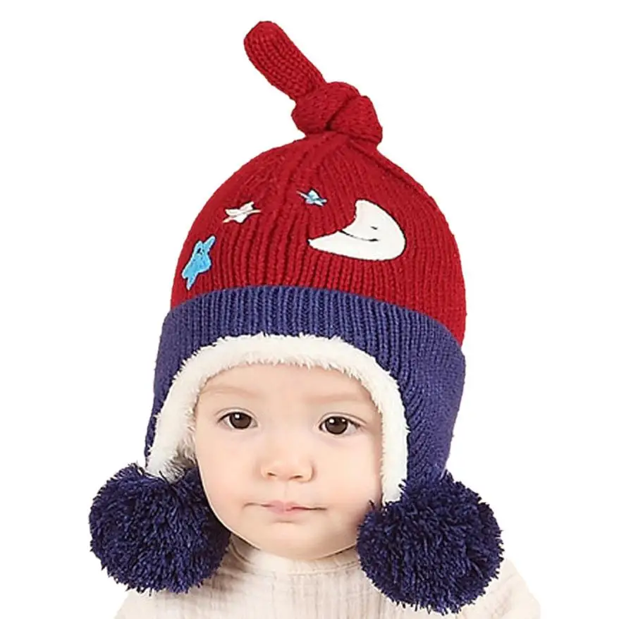 2018 Baby Accessories Stars Moon Printed Cartoon Knitted Winter Warm Cap Kids Hat Newborn Photography Props Fotografia | Детская одежда