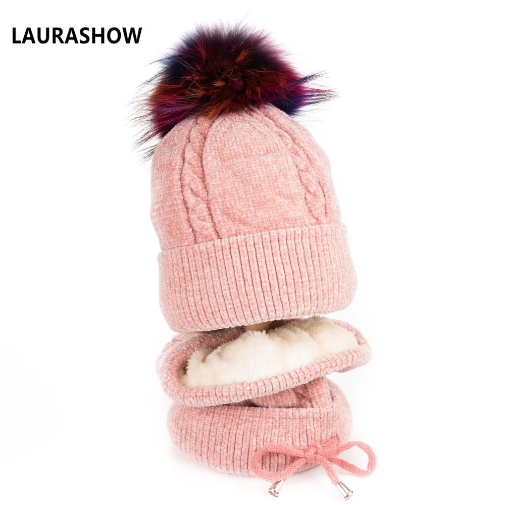 Lavashow 1 комплект для взрослых зимняя шапка с шарфом 15-16 см мяч из натурального меха енота помпоны шапка вязаная шапка Skullies женские шапочки