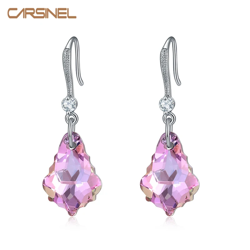 Серьги-подвески CARSINEL розовые турмалиновые длинные серебристые с цирконием 5