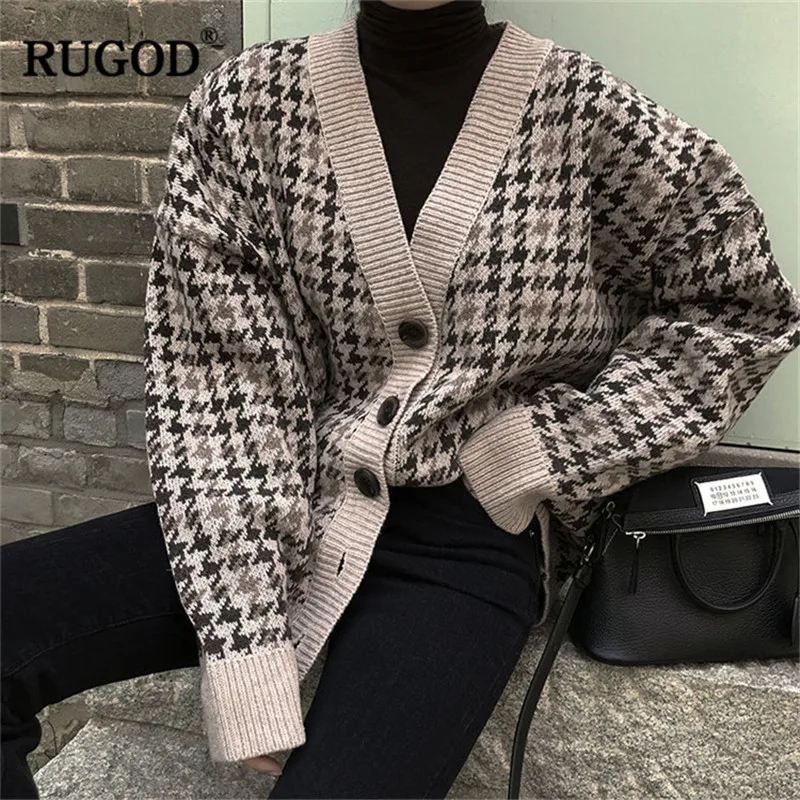 RUGOD винтажные Модные клетчатые женские кардиганы 2018 новые v-образный вырез