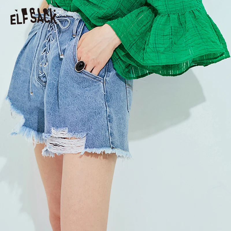 Женские шорты ELFSACK синие потертые джинсы с высокой талией на шнурках лето 2019 |