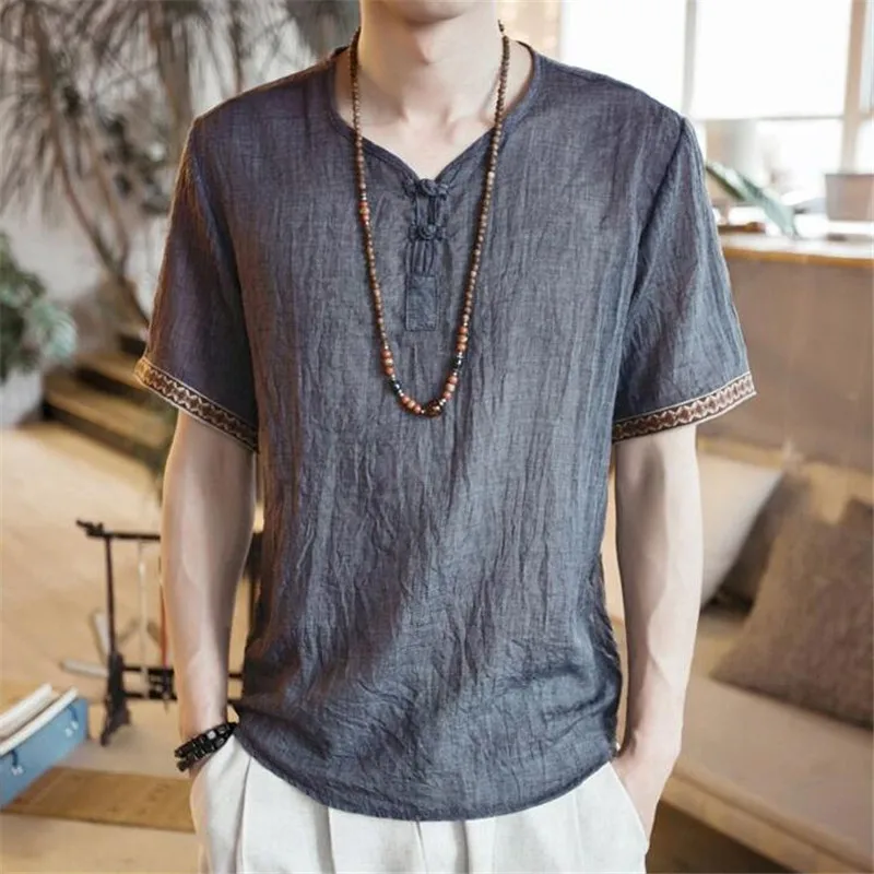 

2019 New Summer Brand Shirt Men Short Sleeve Loose Thin Cotton Linen Shirt Male Fashion Solid Color Trend V-Neck Tees