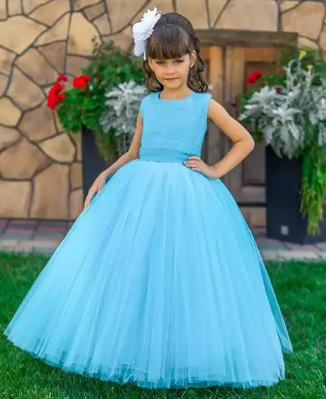 New Blue Puffy Tulle Flower Girl Dress for Wedding Little Pageant Dresses with Belt Customized Kids Prom Cheap Price | Детская одежда и