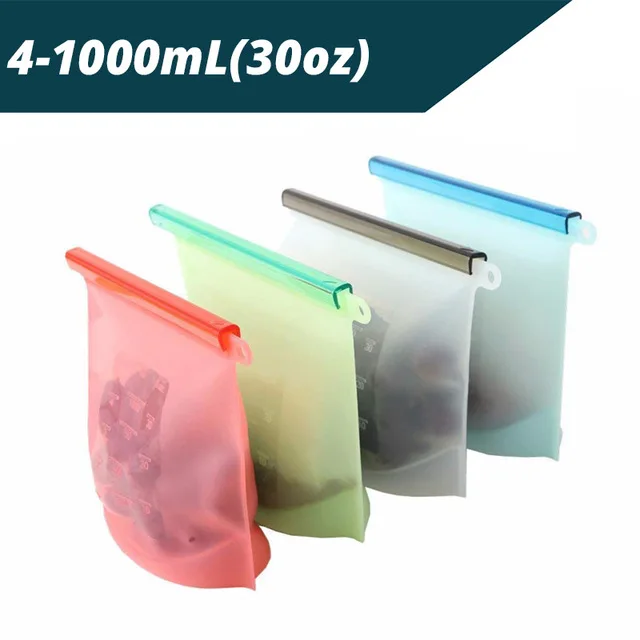 4pcs Reusable Silicone Vacuum Seal Food Fresh Bag Fruit Meat Milk Storage Containers Refrigerator Bag Ziplock Kitchen Organizer