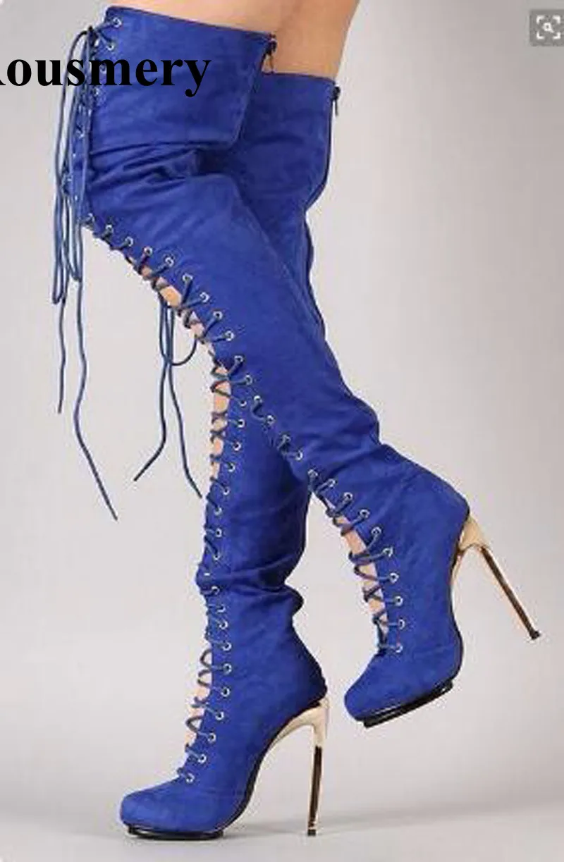 

Лидер продаж, женские замшевые кожаные сапоги выше колена на шнуровке с круглым носком, сапоги-гладиаторы на шпильке с вырезами