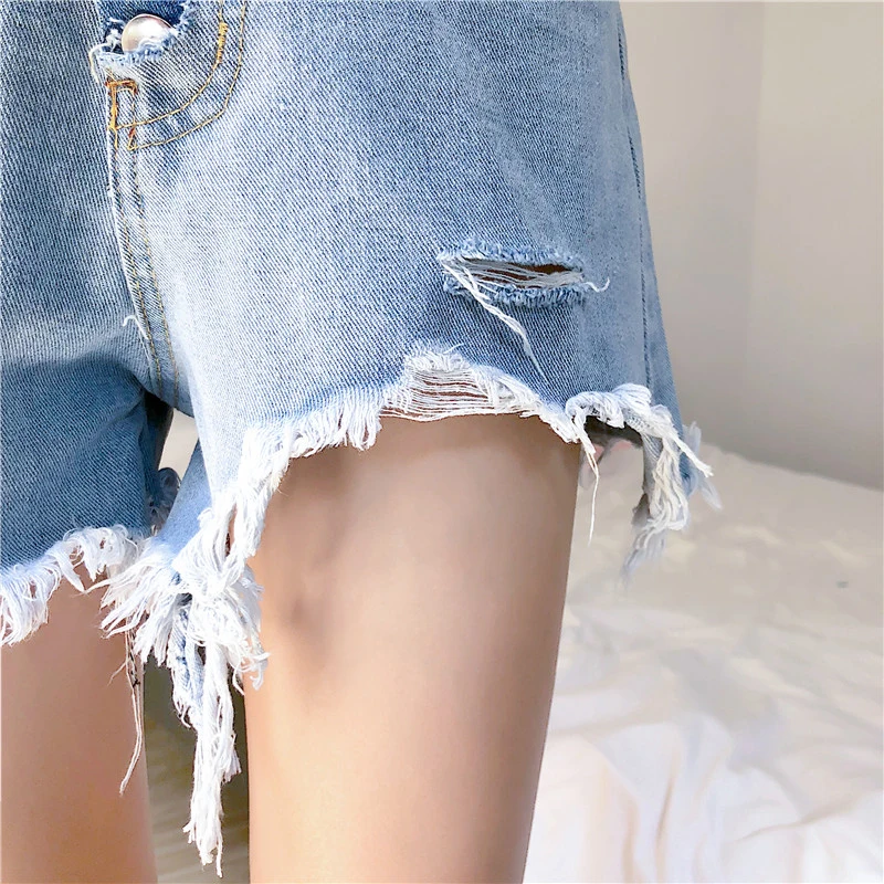 QoerliN женская одежда Винтаж Ripped Fringe синий Джинсовые шорты Для женщин уличная