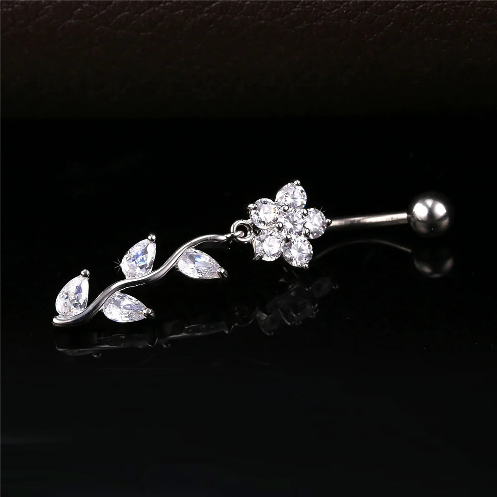 U7 New Crystal Flower Belly Button Ring For Women Body Jewelry Gold Color Party Long Navel Wholesale DB005 |
