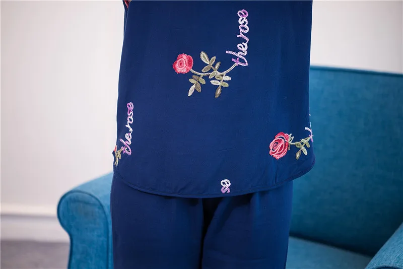 4XL Новинка, летняя тонкая женская пижама, комплект, одежда для сна, Женский хлопковый Пижамный костюм с цветочной вышивкой, Повседневная Свободная одежда для сна, домашняя одежда