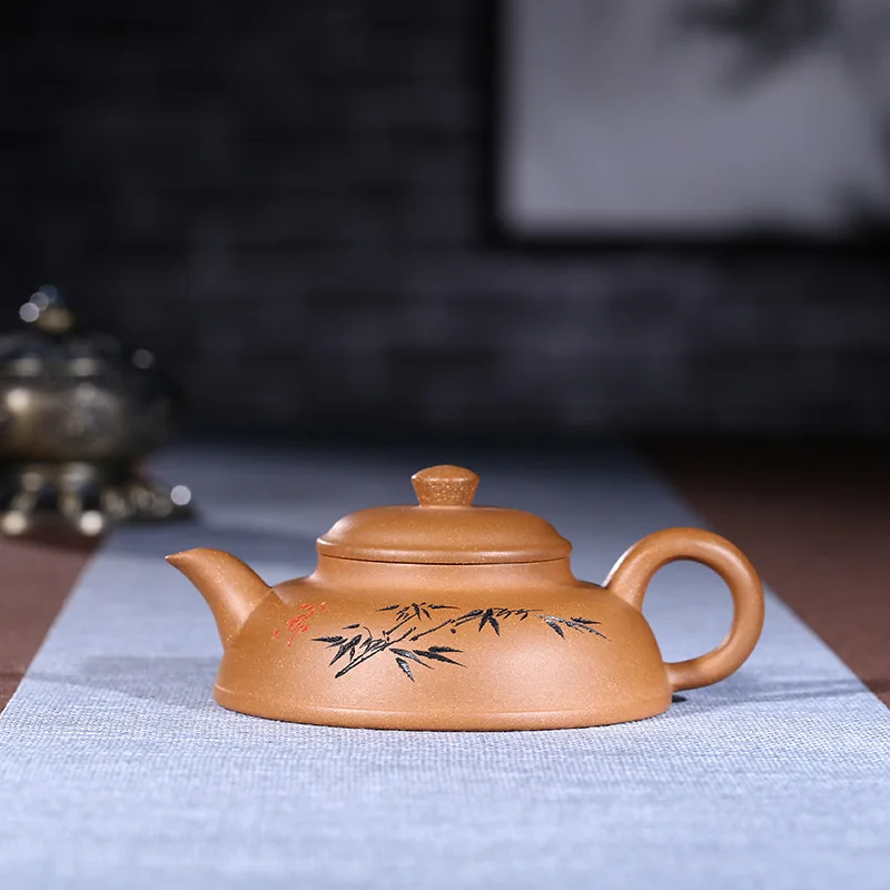 

Yixing Purple Sand Pot Famous Artisan Pure Hand-made Raw Mine Downhill Mud Flat Bamboo Pot Kungfu Teapot Tea Set