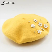 high quality korean pearl flower 100 wool beret ms wool painter hat casual solid color bonnet caps for girls female boina