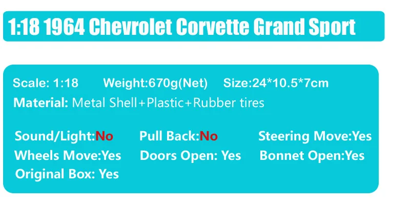 1:18 Масштаб винтажный дорожный знак 1964 Chevrolet Corvette C2 Grand Sport Sting Ray racing Roadster автомобиль Литой седан модель игрушки