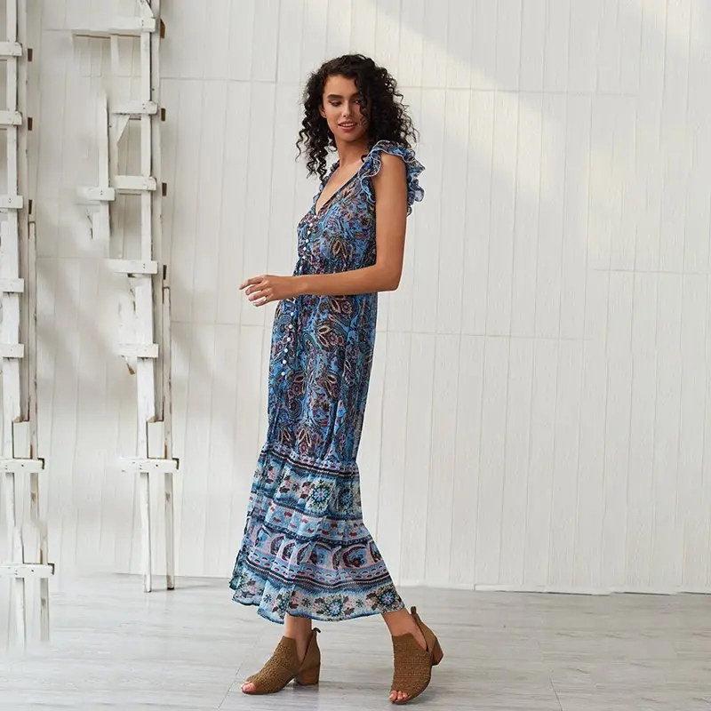 Летнее макси платье с цветочным принтом для женщин шикарный сарафан в стиле бохо