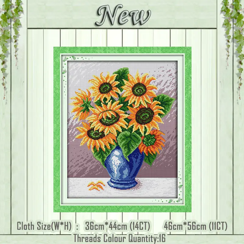 Sunflower Маковый Подсолнух, ваза с пейзажем, счетный принт на холсте, DMC 11CT, 14CT, наборы, сделай сам, вышивка крестиком, наборы для рукоделия - Цвет: Sunflower