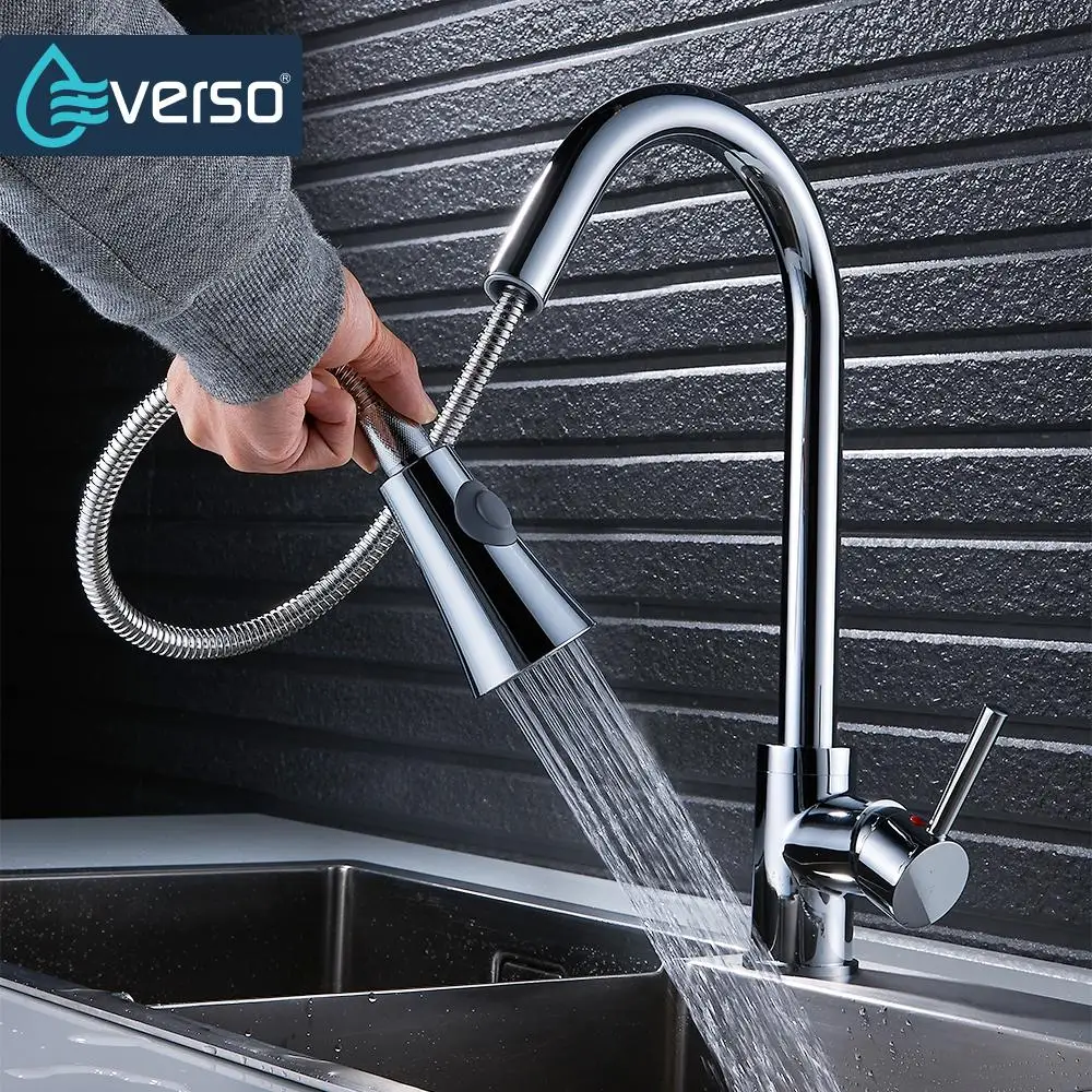 

EVERSO Chrome Kitchen Faucets Silver Single Handle Pull Out Kitchen Tap Single Handle 360 Rotate Swivel Sink Mixer Tap