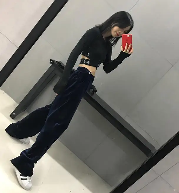 

2020 spring autumn fashion Vintage Velvet Pants Women Elastic High Waist X Long Wide Leg pants