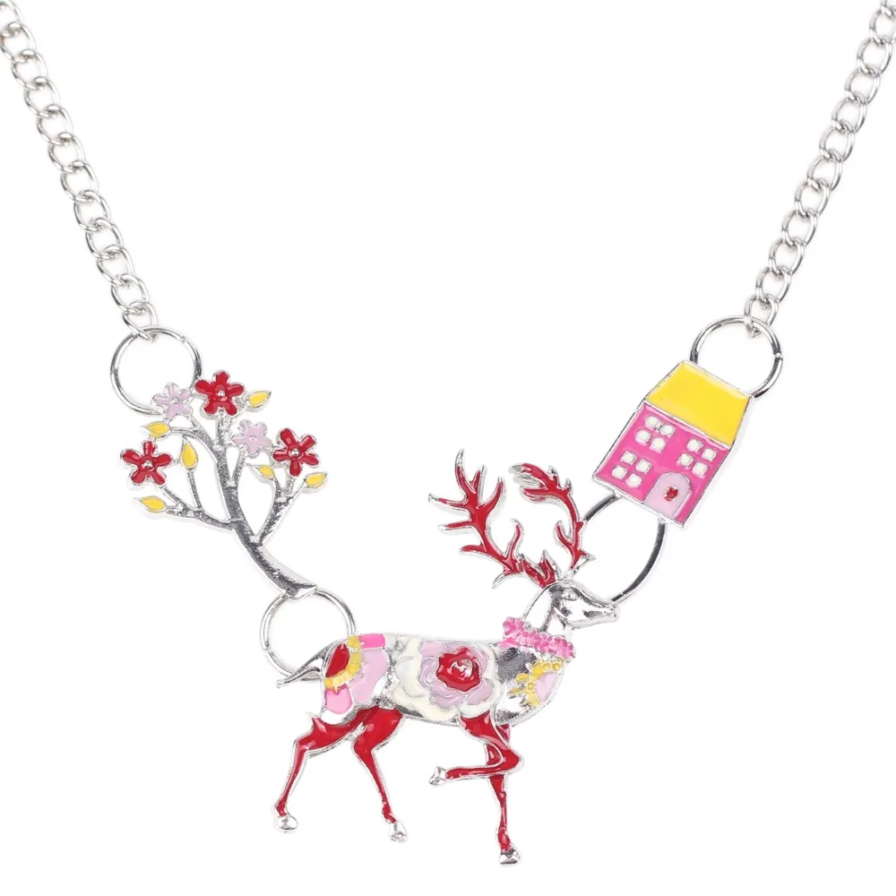 WEVENI Statement Metal Stag Deer Tree House Choker Necklace Pendants Chain Collar Fashion Jewelry For Women Christmas Gift | Украшения и