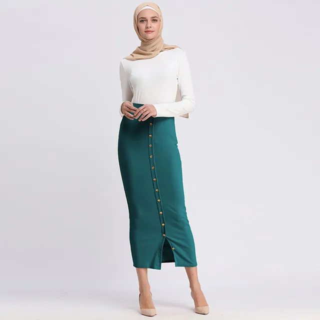 Зеленый Размера плюс Faldas Mujer Moda Jupe Femme abaya мусульманская женская облегающая юбка с высокой талией и пуговицами длинные исламские юбки Одежда - Цвет: Зеленый