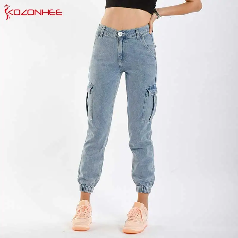 

Fashion Cargo Jeans Women With High Waist Loose Elastic Waist Big Pocket Women Jeans Harem pants #71