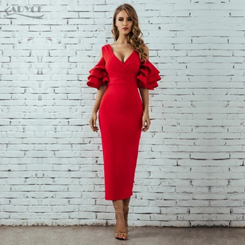 Red Adyce, новое летнее женское Клубное платье, Vestidos, вечерние платья знаменитостей, желтое, красное, с рюшами, с бабочкой, с коротким рукавом, миди, Клубные платья - Цвет: Red
